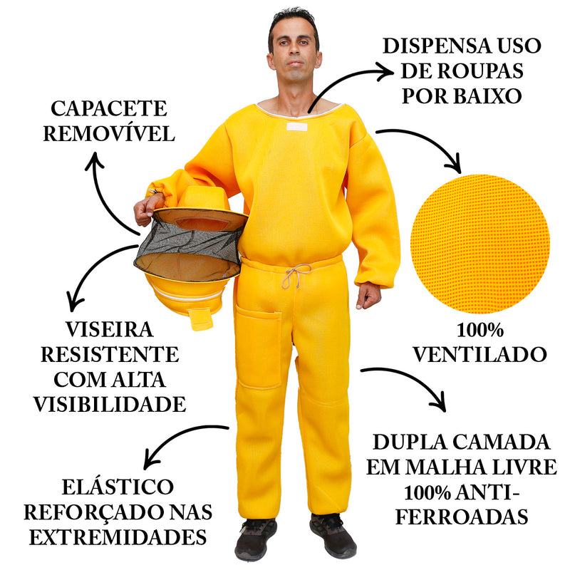 Conjunto Apicultor Calça, Jaleco e Capacete Amarelo