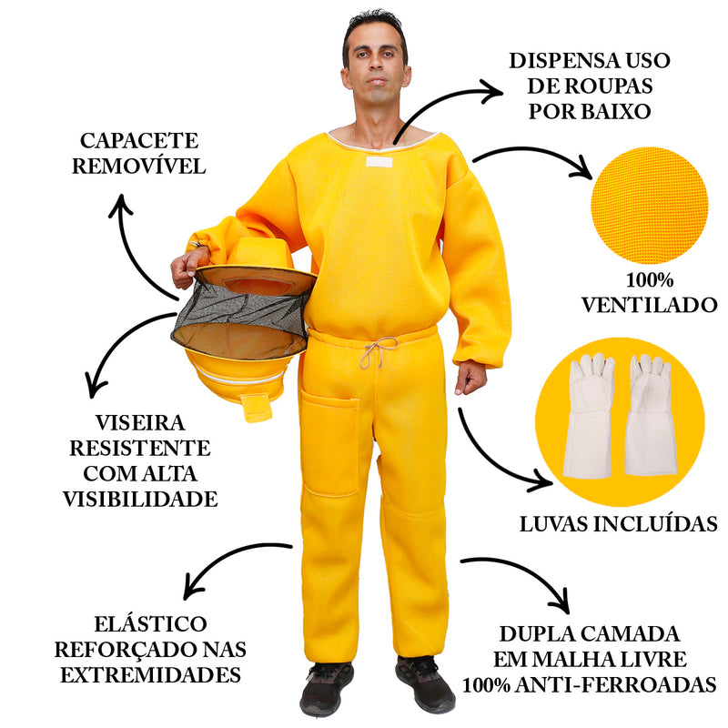 Kit Conjunto Apicultor Calça, Jaleco, Capacete e Luvas Amarelo